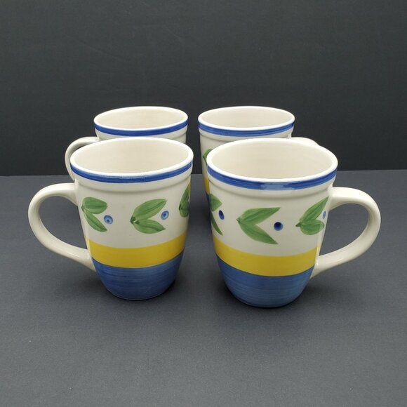 Trisa Trs4 Mugs Trisa Blue Yellow Bands Green Leaves Mugs - Picture 1 of 11
